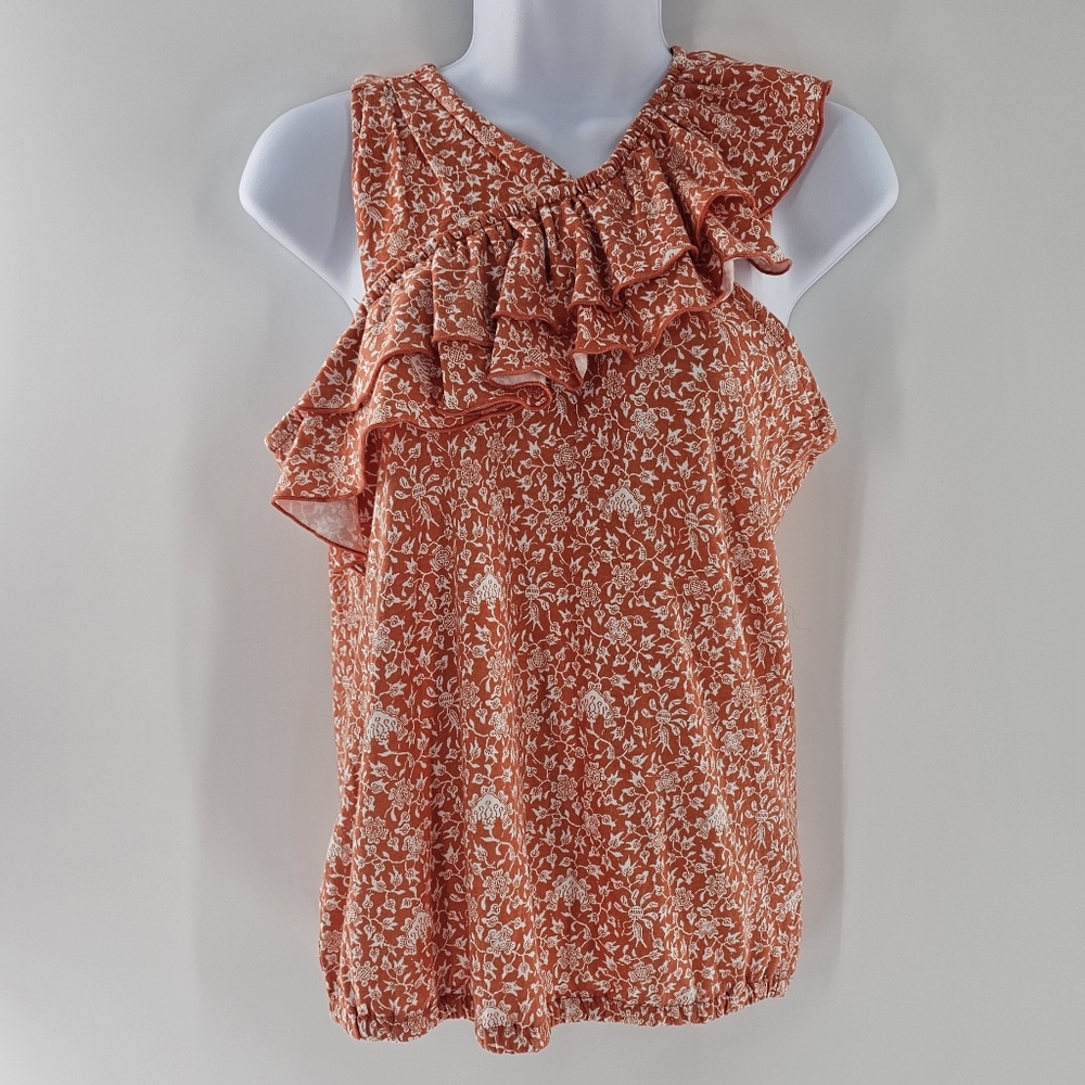 INC Orange w/White Floral Print Asymmetrical Sleeveless Ruffle Top Size Small